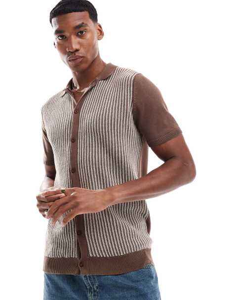Brave Soul Knitted short sleeve shirt in brown - view 1