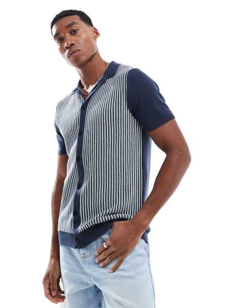 Brave Soul Knitted short sleeve shirt in navy - view 1