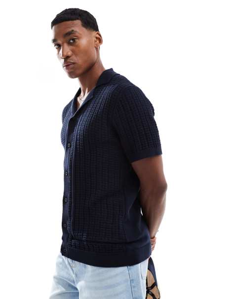 Brave Soul Knitted short sleeve shirt in navy - view 1