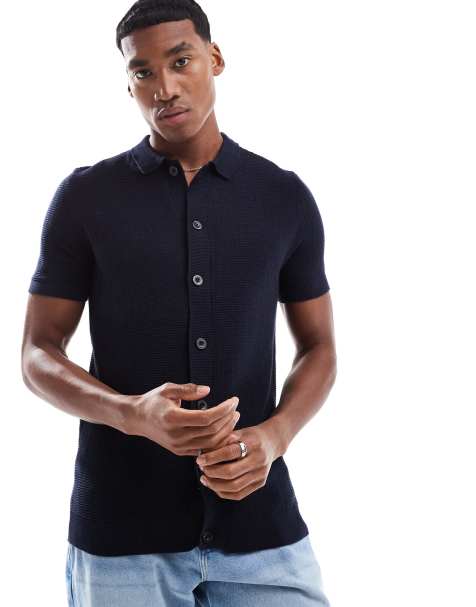 Brave Soul Knitted short sleeve shirt in navy - view 1