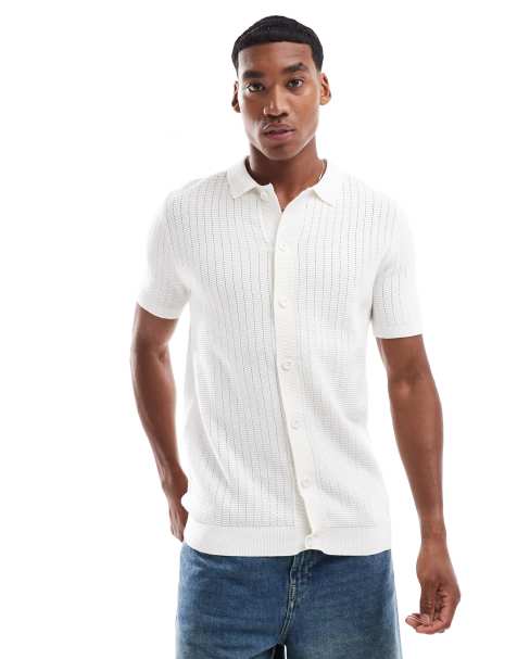 Brave Soul Knitted short sleeve shirt in off white