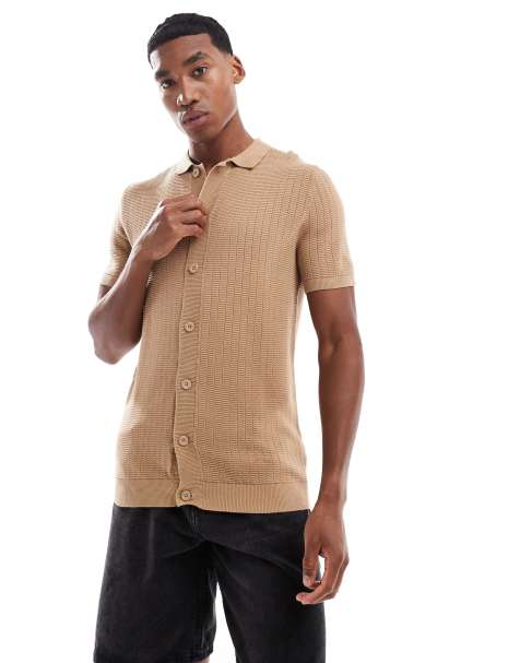 Brave Soul Knitted short sleeve shirt in tan