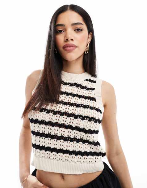 Brave Soul knitted singlet in black and stone stripe - view 1