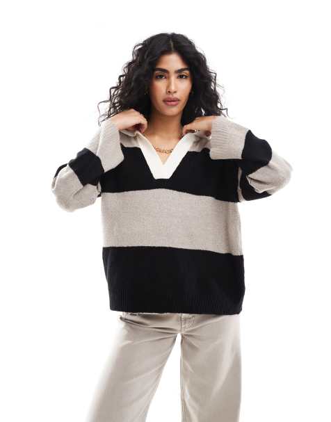 Brave Soul knitted stripe polo jumper with contrast stripe collar in black and tan - view 1