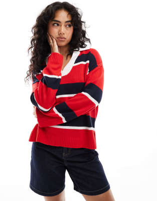 Brave Soul knitted stripe polo shirt with contrast collar in red