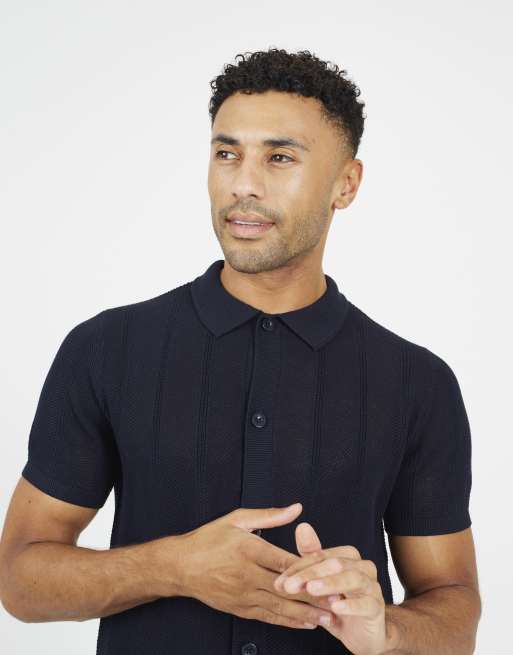 Brave Soul Knitted stripe short sleeve polo shirt in dark navy, 4 of 4