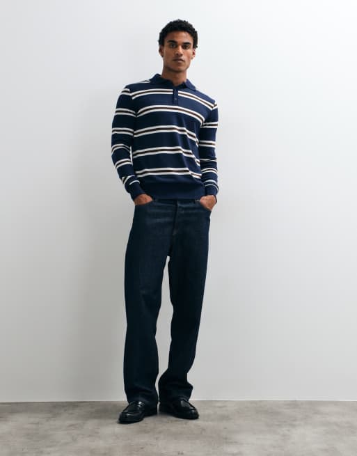 Brave Soul knitted sweater with button down placket in navy, ecru & brown, 2 of 5