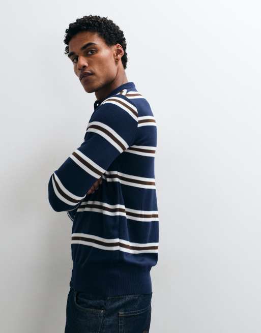 Brave Soul knitted sweater with button down placket in navy, ecru & brown, 3 of 5