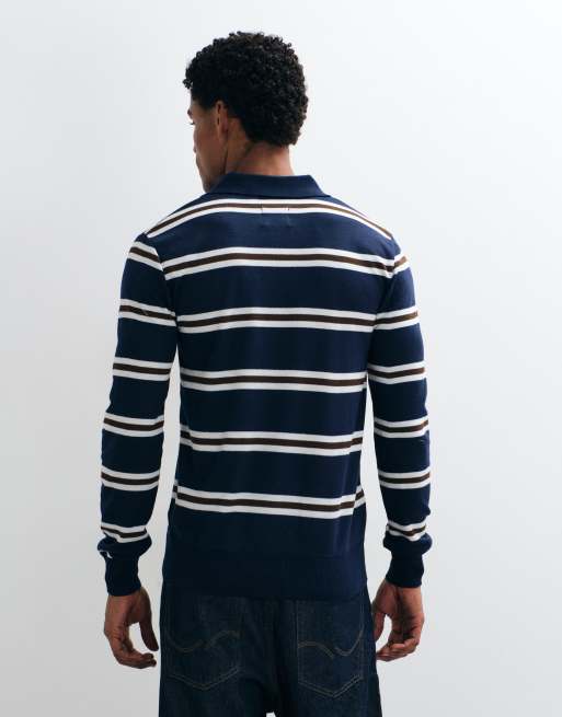 Brave Soul knitted sweater with button down placket in navy, ecru & brown, 4 of 5