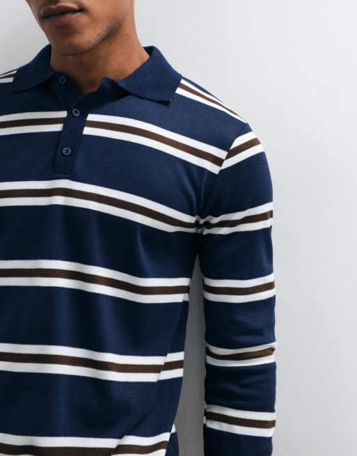 Brave Soul knitted sweater with button down placket in navy, ecru & brown, 5 of 5