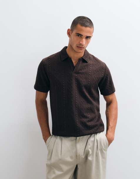 Brave Soul knitted trophy neck polo top in chocolate brown - view 1
