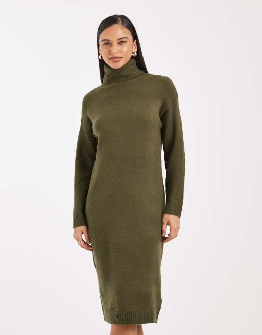 Brave Soul knitted turtle neck maxi dress in khaki, 3 of 4