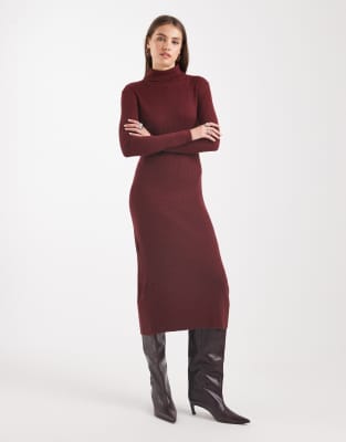 Brave Soul Brave Soul knitted turtle neck ribbed midi jumper dress in burgundy-Red