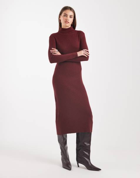 Brave Soul knitted turtle neck ribbed midi jumper dress in burgundy - view 1
