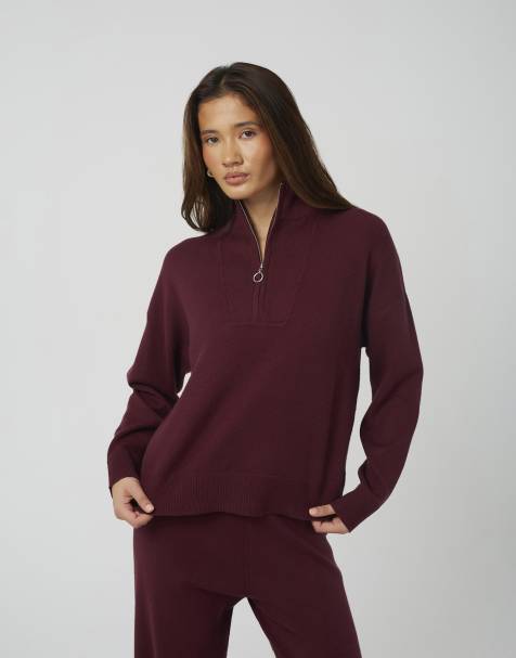 Brave Soul Knitted zip neck jumper and trouser set in wine - view 1