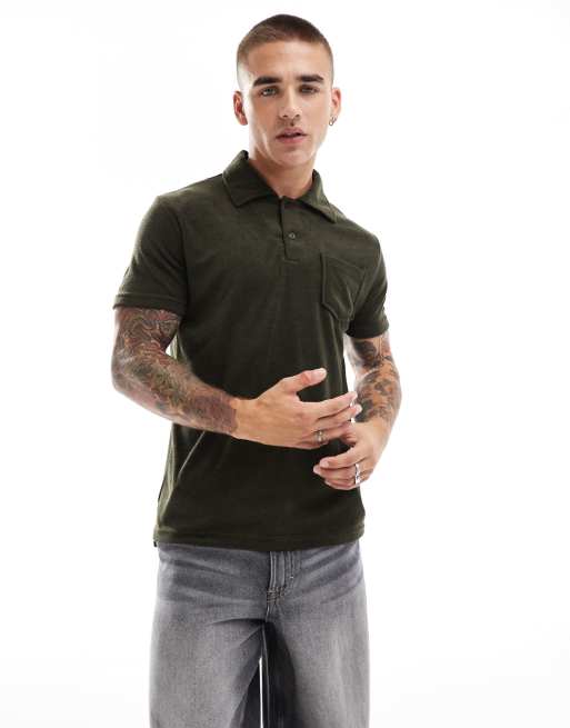 Brave Soul – Koszulka polo z kołnierzykiem kubańskim z tkaniny frotte w kolorze khaki