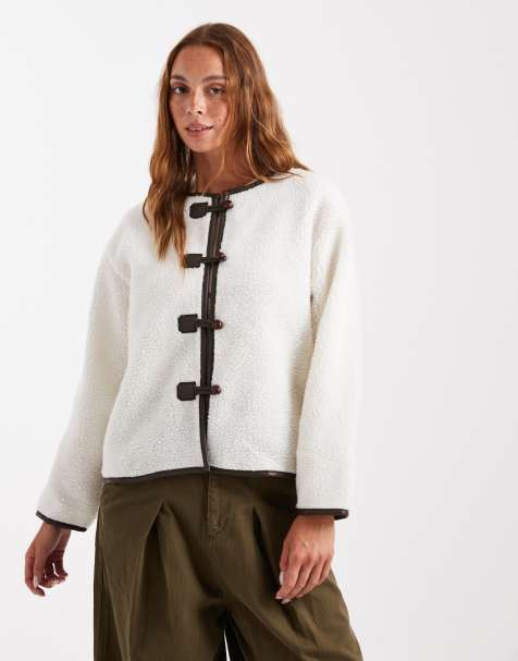 Brave Soul borg collarless jacket with toggle fastenings in cream