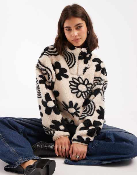 Brave Soul flower print 3/4 zip fleece in cream and black