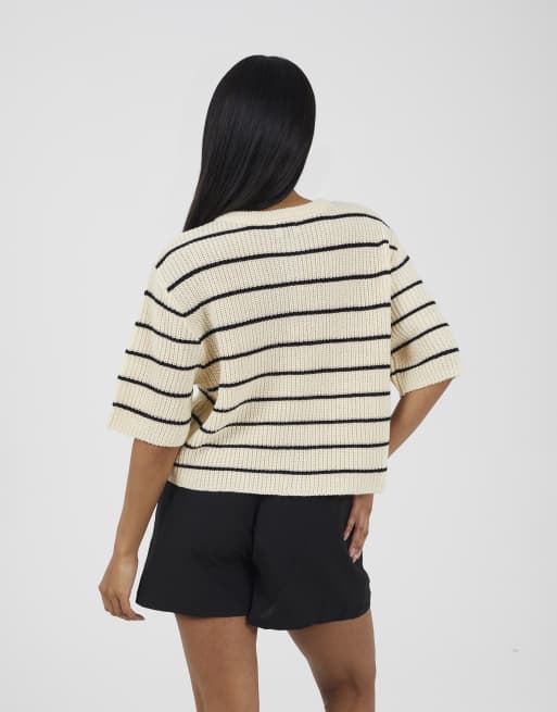 Brave Soul – Kurzärmlige, gestreifte Strickjacke in Ecru mit Patentmuster, 3 von 4