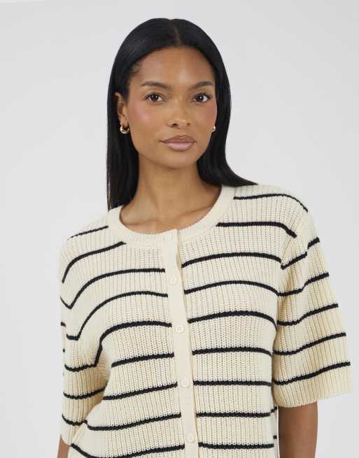 Brave Soul – Kurzärmlige, gestreifte Strickjacke in Ecru mit Patentmuster, 4 von 4