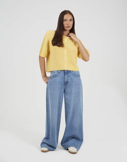 Brave Soul – Kurzärmlige Strickjacke in Gelb mit Rundhalsausschnitt und Patentmuster, 2 von 4