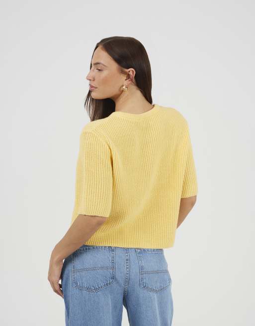 Brave Soul – Kurzärmlige Strickjacke in Gelb mit Rundhalsausschnitt und Patentmuster, 3 von 4