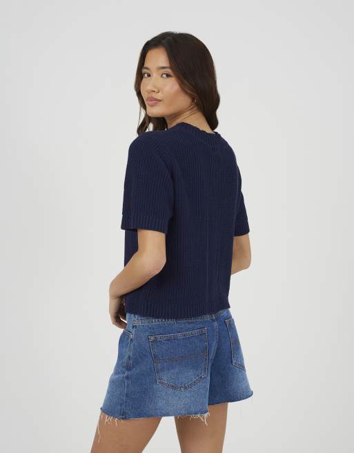 Brave Soul – Kurzärmlige Strickjacke in Marineblau mit Seesternknöpfen, 4 von 4