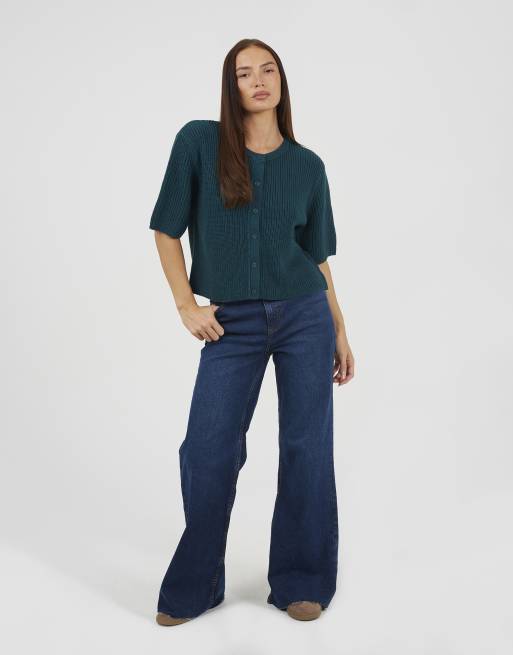 Brave Soul – Kurzärmlige Strickjacke in Petrol mit Rundhalsausschnitt und Patentmuster, 2 von 4