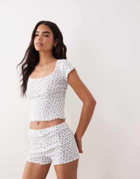 Brave Soul – Kurzärmliger Pointelle-Pyjama in Elfenbeinweiß mit Shorts und blauem Blumenmuster - view 1