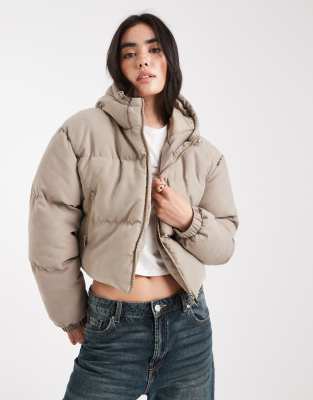 Brave Soul - Kurze Steppjacke in Taupe mit Kapuze-Neutral