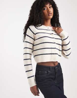 Brave Soul - Kurze Strickjacke in creme und marineblau gestreift-Neutral
