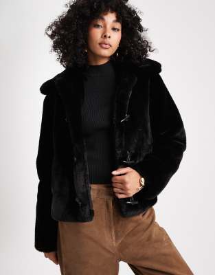 Brave Soul - Kurzer Dufflecoat aus Kunstpelz in Schwarz mit Knebeldetail