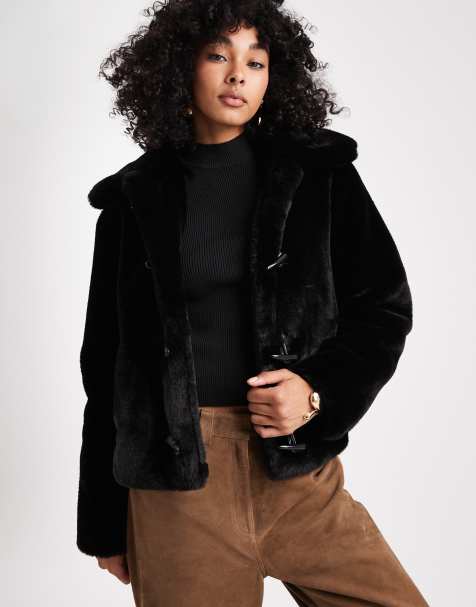 Brave Soul – Kurzer Dufflecoat aus Kunstpelz in Schwarz mit Knebeldetail - view 1