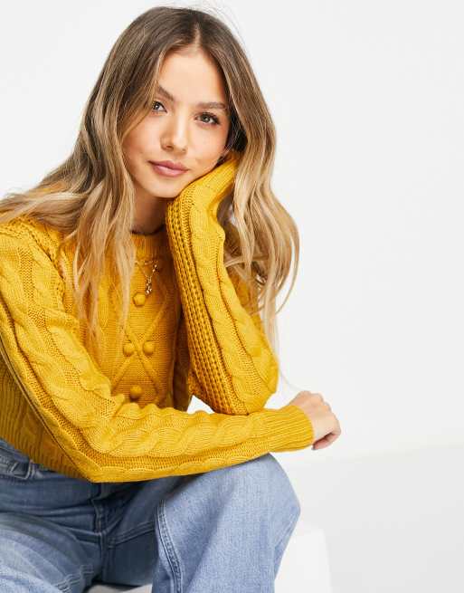 Brave Soul – Kurzer Strickpullover in Gelb mit Zopfmuster