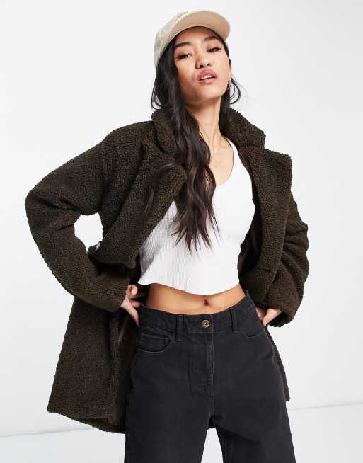 Brave Soul kyrati boucle overcoat in chocolate