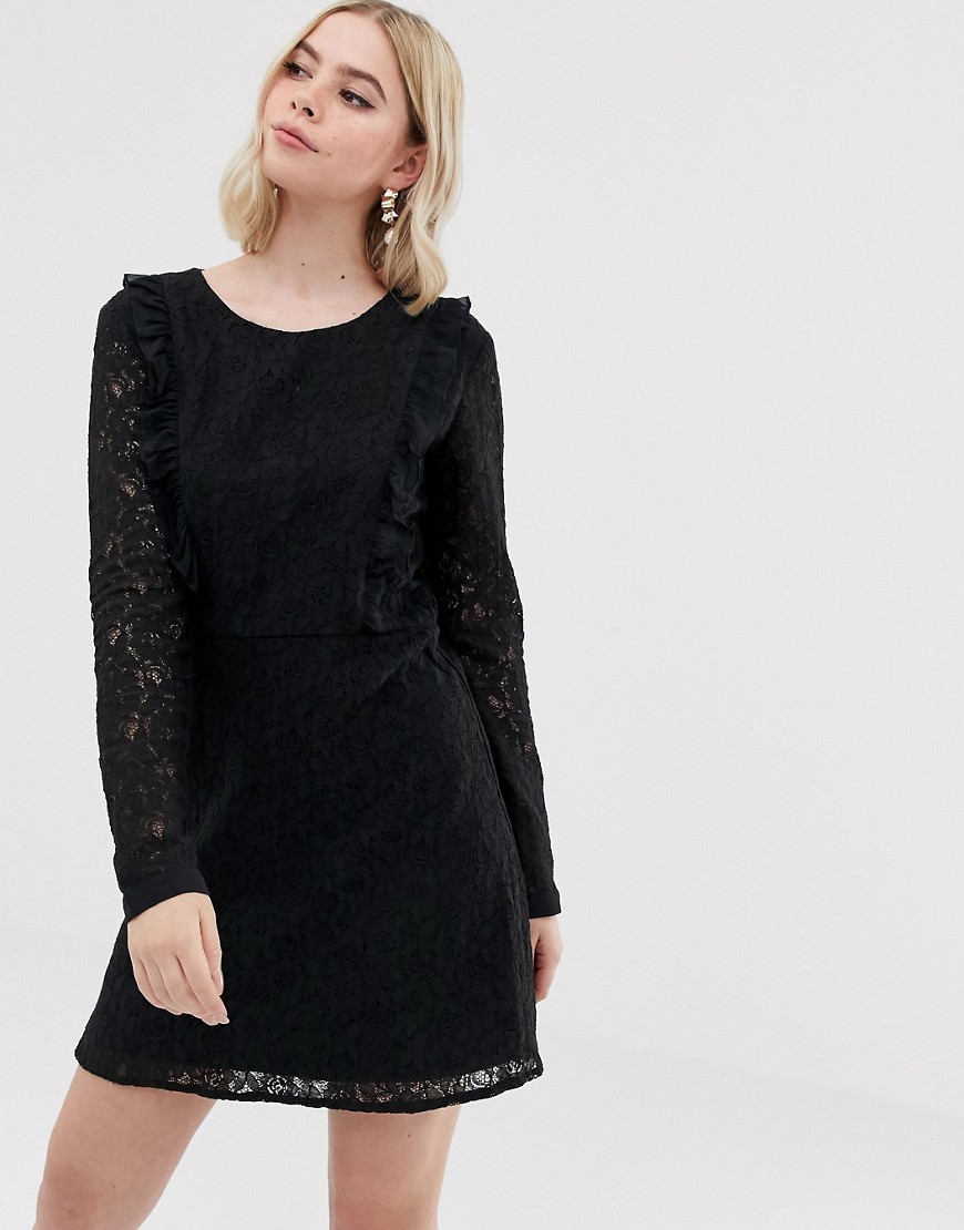 Brave Soul lace overlay long sleeve mini dress-Black
