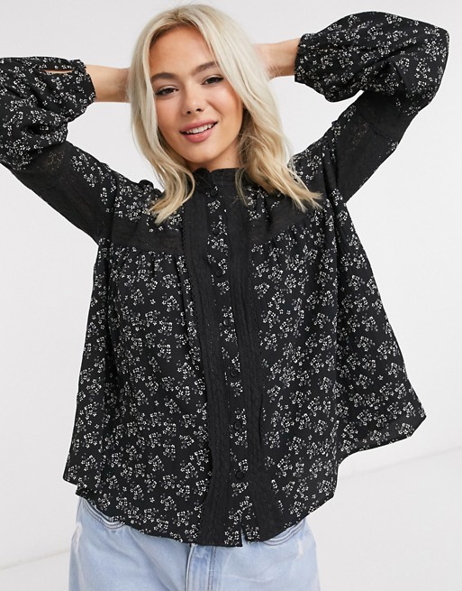 Brave Soul lace trim blouse with balloon sleeves in floral print