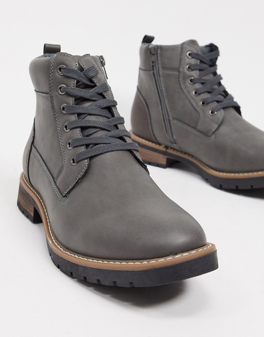 Brave Soul lace up boots in grey faux leather