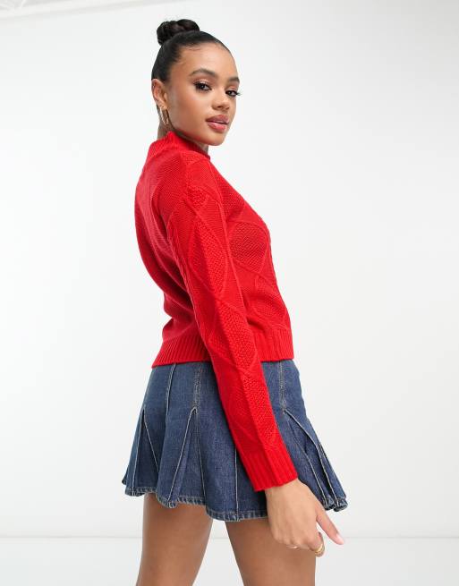 Brave Soul landale cable knit sweater with button detail in red