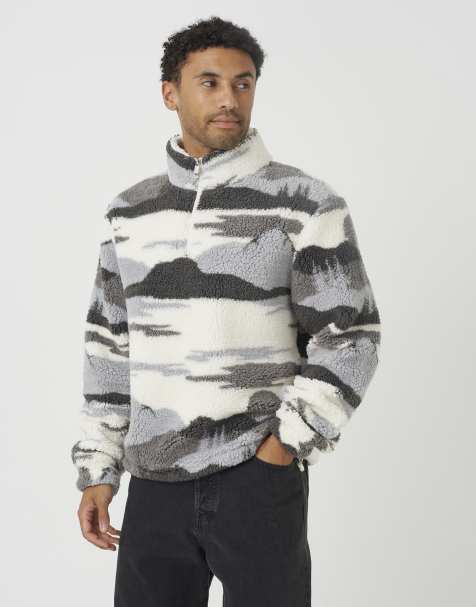 Brave Soul Landscape print quarter zip borg fleece in grey - view 1