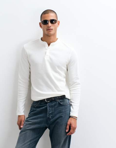 Brave Soul långärmad Henley-våffelstickad t-shirt i benvit - view 1