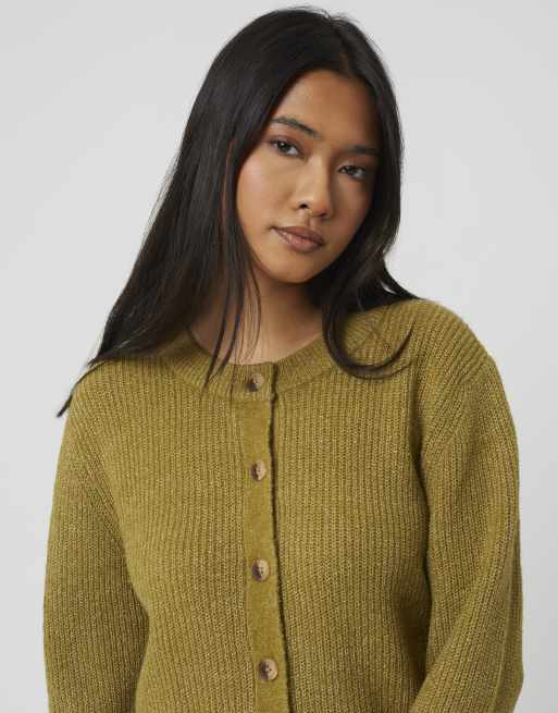 Brave Soul langärmlige Strickjacke im Fischerstrick in Olive, 4 von 4