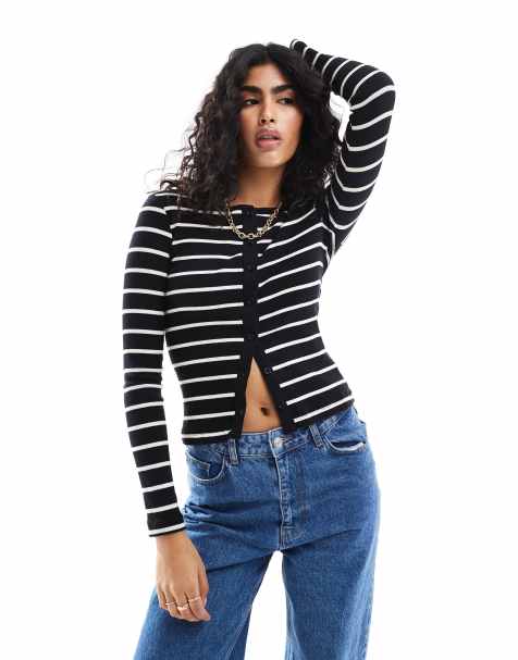 Brave Soul – Langärmlige Strickjacke in Schwarz und Creme gestreift mit Knopfleiste - view 1