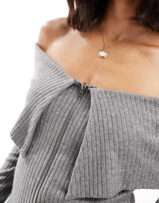 Brave Soul – Langärmliger schulterfreier Pullover in Grau mit Reißverschluss vorne, 4 von 4