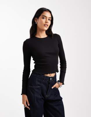 Brave Soul - Langärmliges Baumwoll-Shirt in Schwarz mit Kräuselsaum