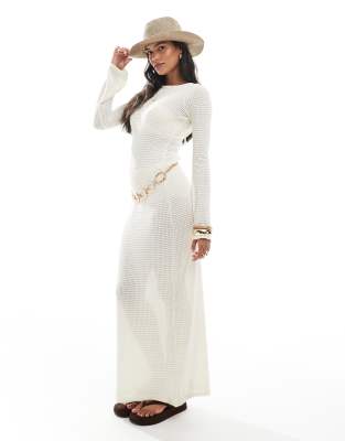 Brave Soul - Langärmliges, durchscheinendes Strand-Maxikleid aus Strickstoff in Creme-Weiß