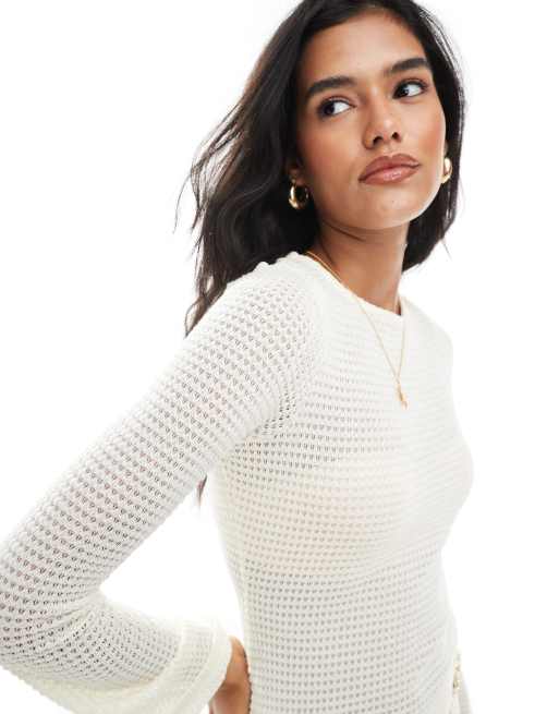 Brave Soul – Langärmliges, durchscheinendes Strand-Maxikleid aus Strickstoff in Creme, 2 von 4