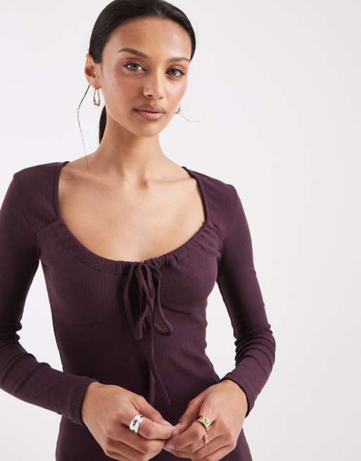 Brave Soul – Langärmliges Jersey-Minikleid in Beerenrot mit Bindedetail vorne, 3 von 4
