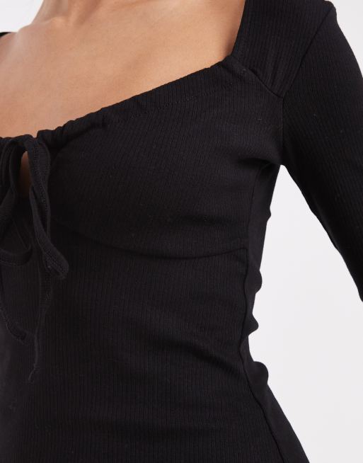 Brave Soul – Langärmliges Jersey-Minikleid in Schwarz mit Bindedetail vorne, 4 von 4