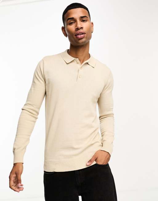 Brave Soul – Langärmliges Polohemd aus Baumwollstrick in Steinbeige